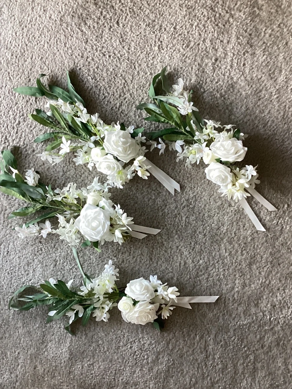Pew Clip On Decorations - White Artificial Roses with green foliage - 4 included